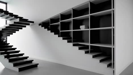modern black and white staircase with built-in shelving