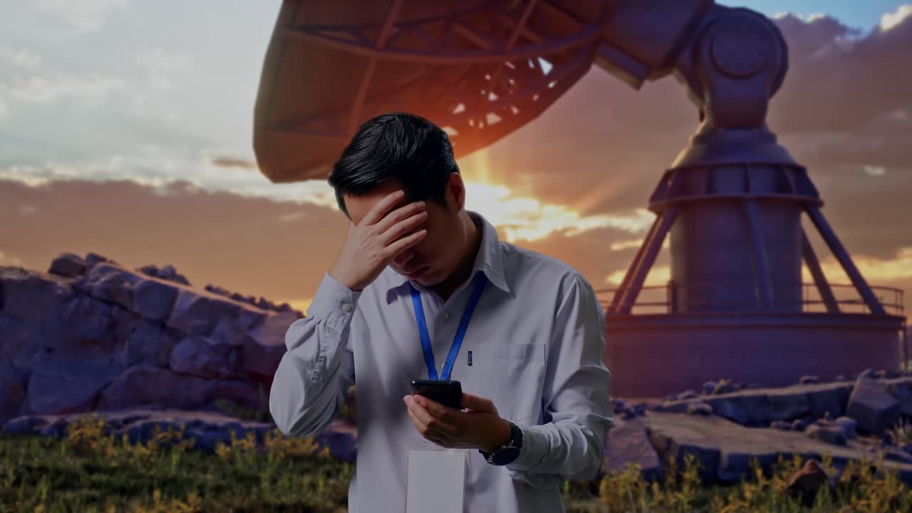 Asian Male Professional Worker Standing With His Smartphone With Large Satellite Dish, He Is Nodding His Head With Dissapionted