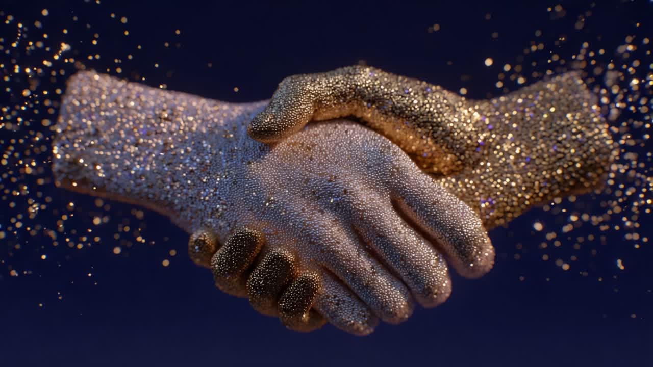 A Symbolic Gesture: Two Glittering Hands Engaged in a Firm Shake, Representing Unity, Collaboration, and a Bright Future, Captured in Sparkling Detail Against a Dark Background