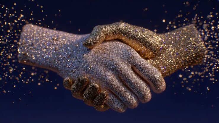 A Symbolic Gesture: Two Glittering Hands Engaged in a Firm Shake, Representing Unity, Collaboration, and a Bright Future, Captured in Sparkling Detail Against a Dark Background