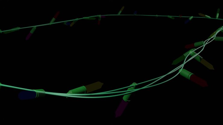 Oval de luzes de Natal coloridas piscando em fundo preto, com espaço para texto