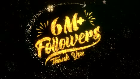 6m followers greeting and wishes card made from glitter particles and sparklers light dark night sky with colorful firework 4k background.