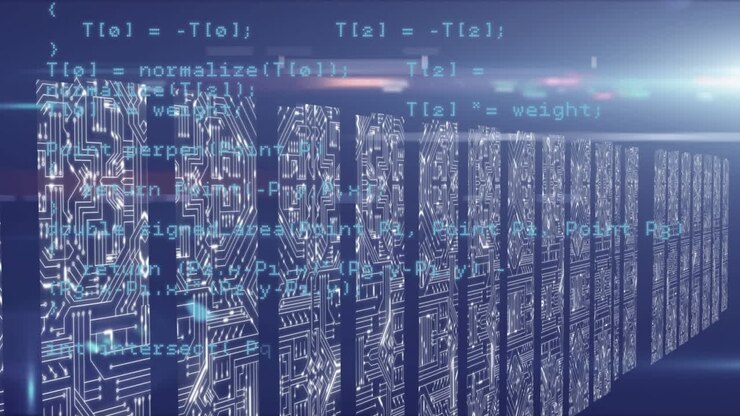 Animation of lens flare and circuit board pattern in bar graph over programming language