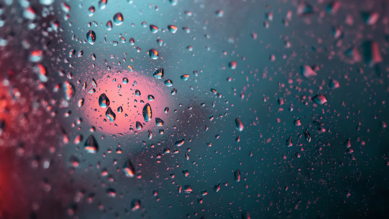 Droplets on rainy window catching blurred city lights during color shift from teal to red