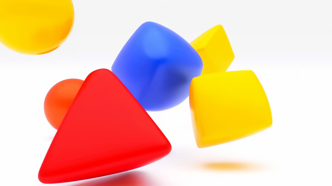 Bright Floating Colorful Geometric Shapes In Studio, Glossy Red Triangular Form, Blue Rounded Cube, Yellow