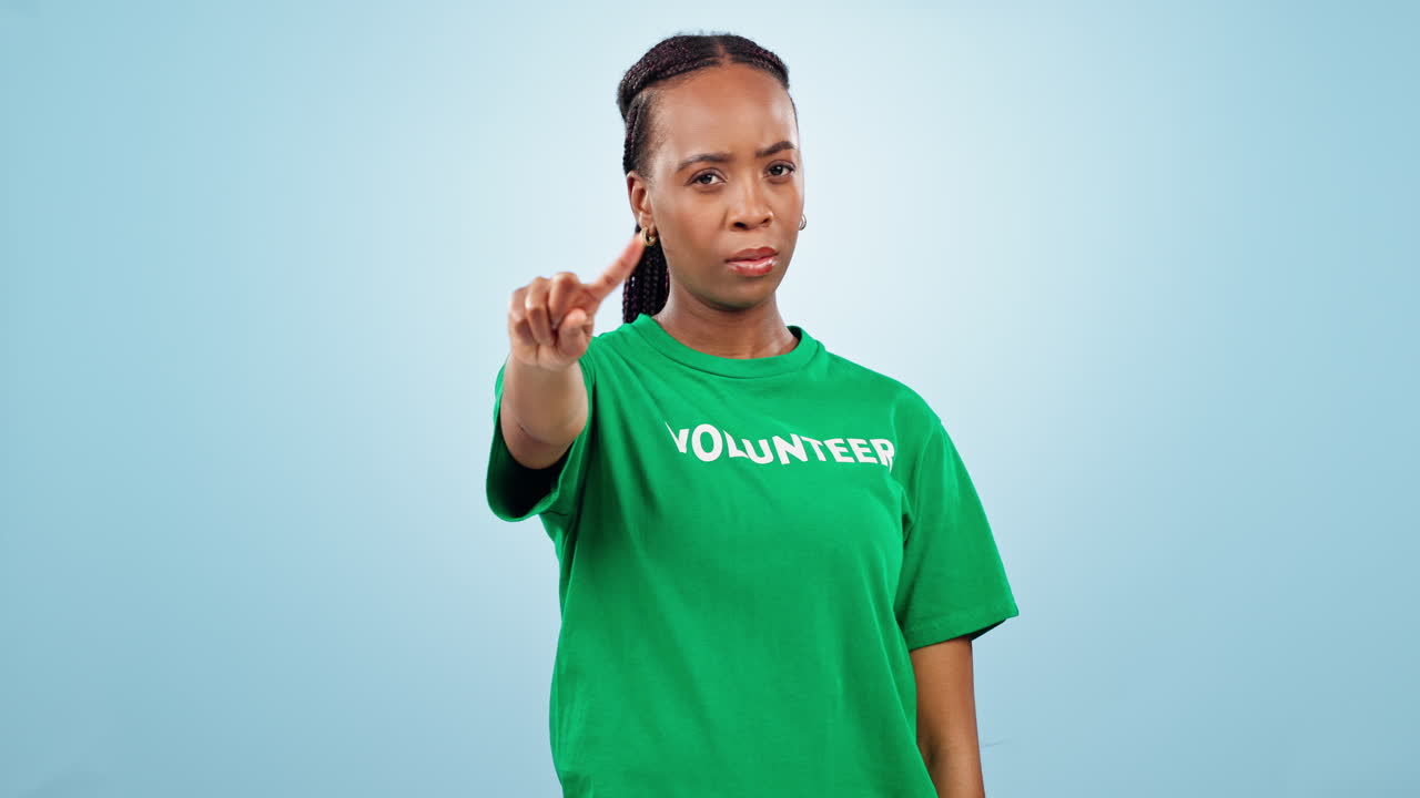 Face, finger and black woman with no