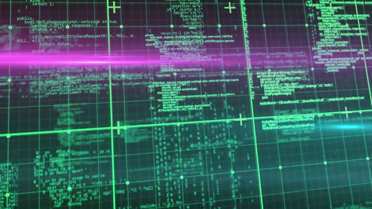 Animation of data processing over grid on black background