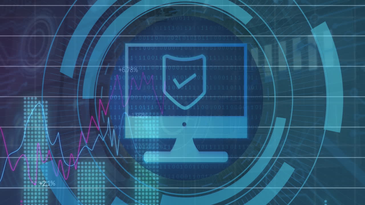 animación del procesamiento de datos estadísticos a través del icono de la computadora en el escáner redondo contra el procesamiento de los datos