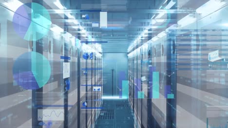 animation of financial data processing over server room
