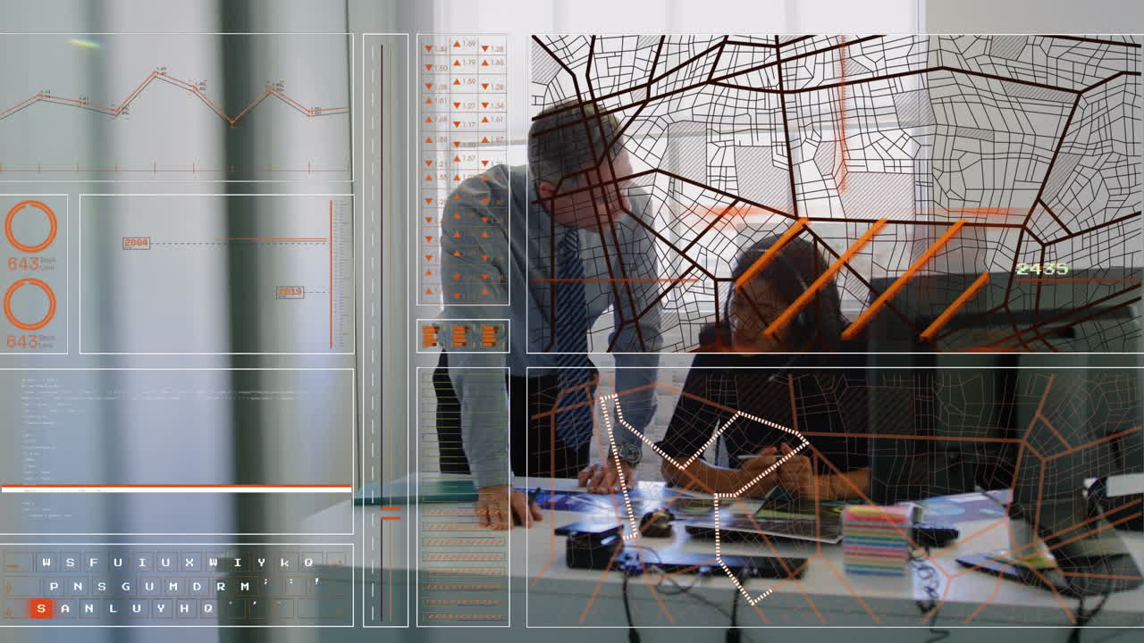 animazione del grafico, cerchio di caricamento, modello di navigazione, diversi colleghi che discutono rapporti