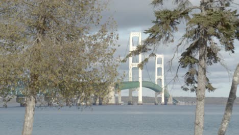 Mackinac-Bridge-Und-Die-Straße-Von-Mackinac-Im-Hintergrund-Mit-Bäumen-Im-Vordergrund-Mit-Einer-Filmischen-Dolly-Aufnahme,-Die-Sich-Langsam-Von-Rechts-Nach-Links-Bewegt