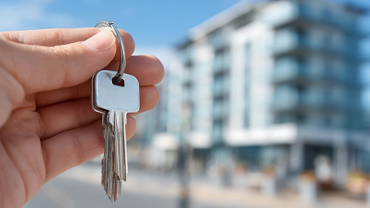 Modern bir apartman binasının önünde anahtar tutan bir kişinin yakın çekim görüntüsü, ev sahipliğini ve hayatta yeni bir sayfanın başlangıcını simgeliyor.