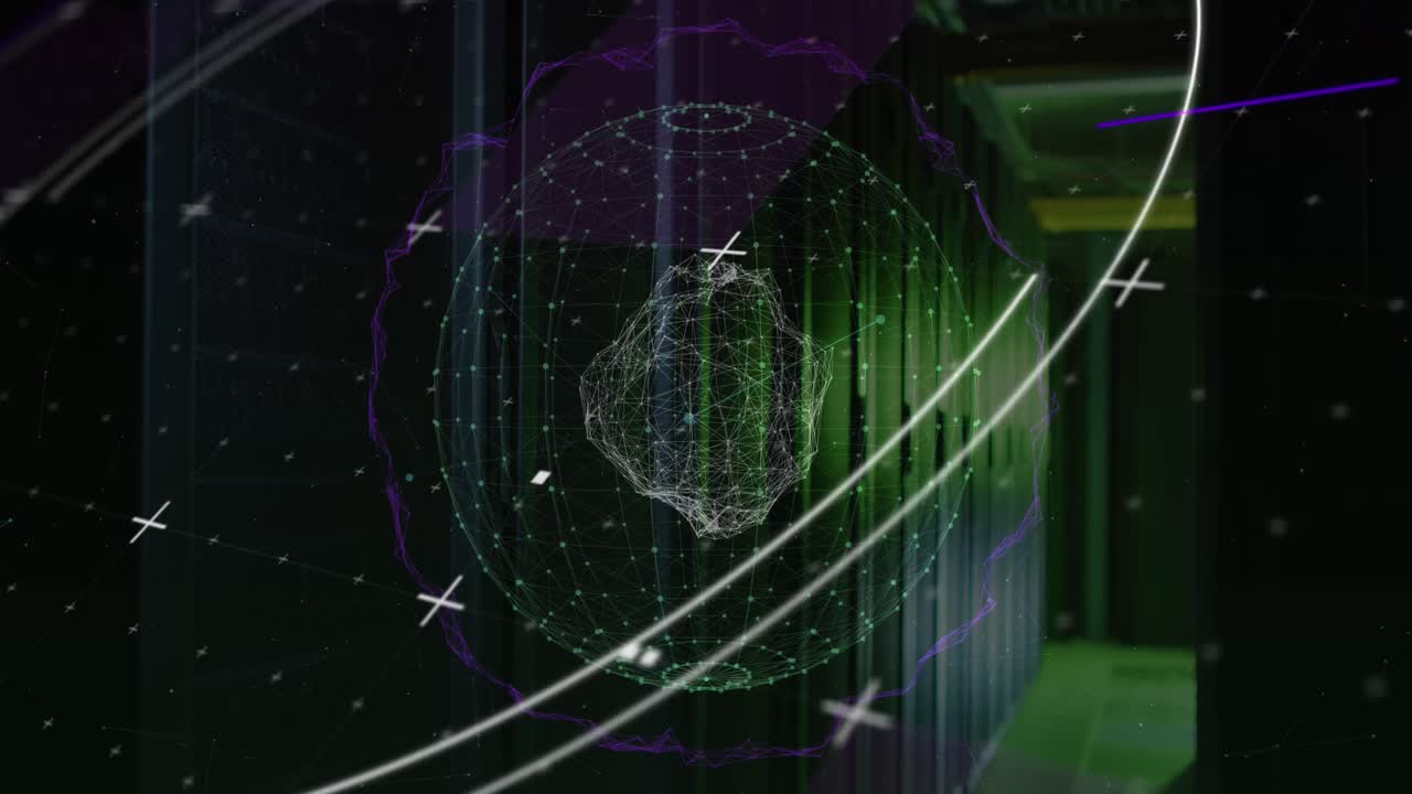 Animation of round scanner and globe of network of connections against computer server room