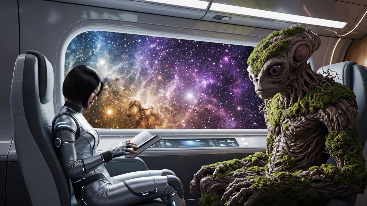 A Woman and an Alien Reading on a Spaceship
