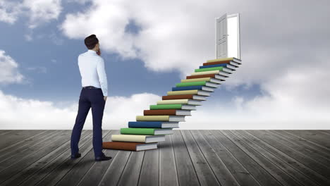 Businessman-looking-at-stair-made-of-books-on-a-wood-ground-