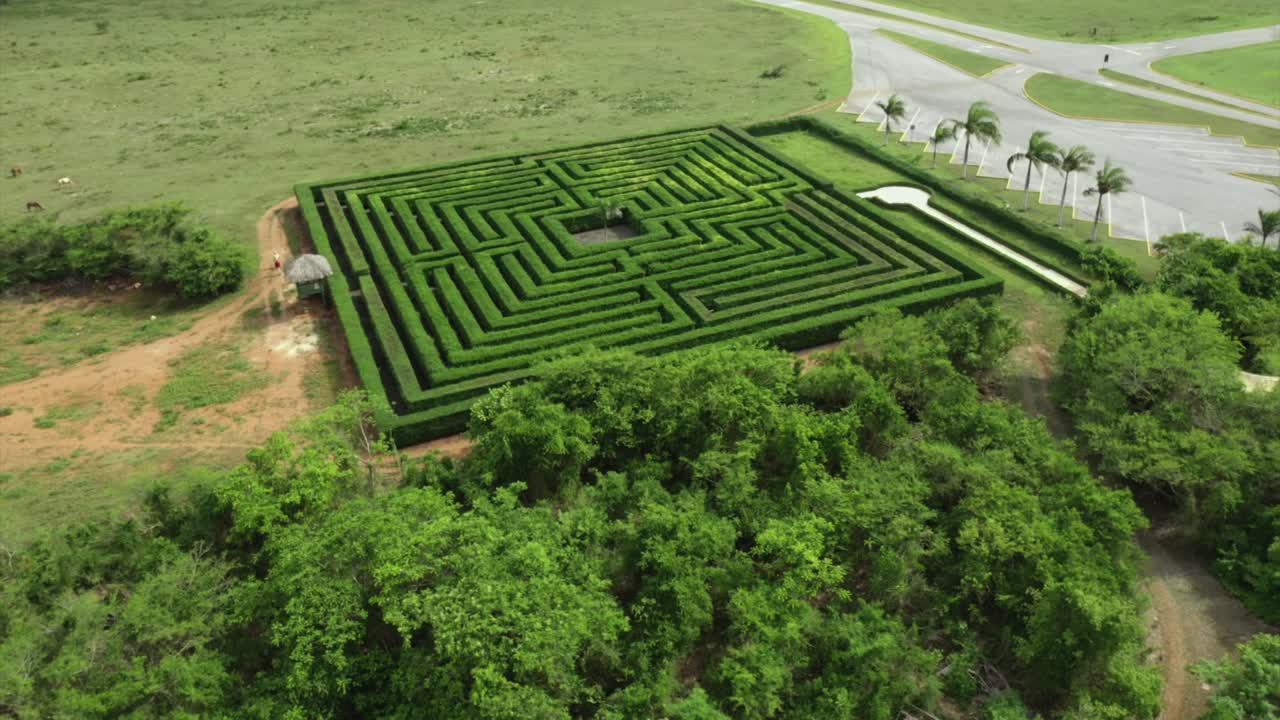 Aerial circling of labyrinth near cave of wonders. La Romana in Dominican Republic