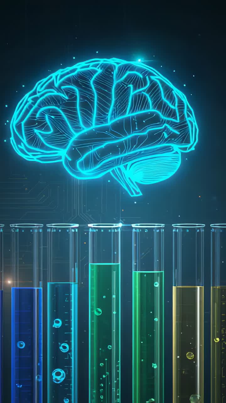 Vertical video: Appearing central light energizing cyan brain above lab vials, pulsing for startup