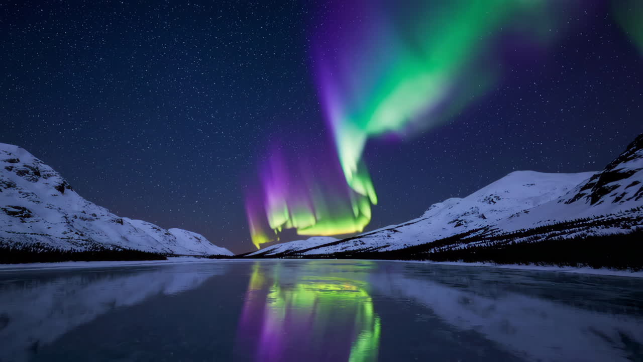Aurora Borealis Reflecting on a Frozen Lake with Snow-Capped Mountains