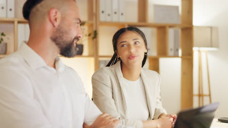 training, man and woman in office meeting