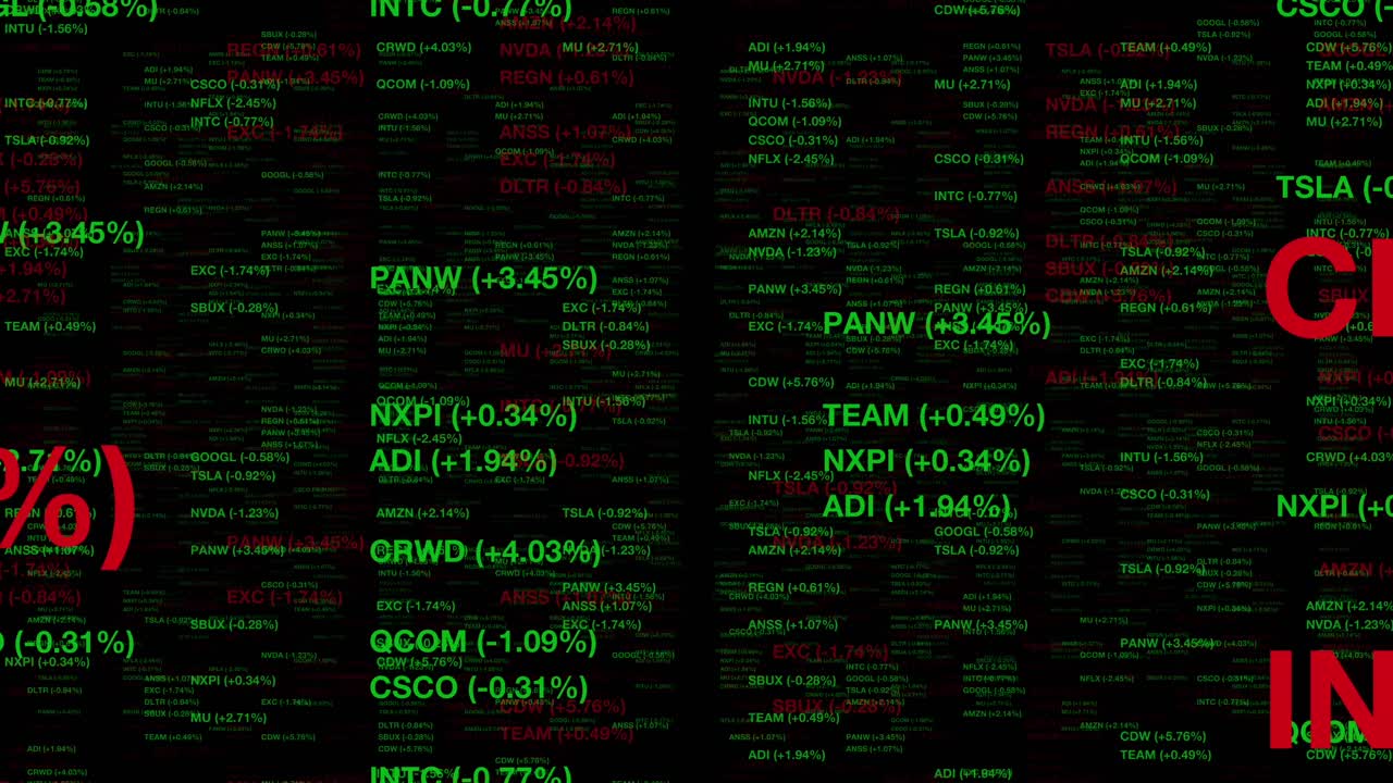 High-speed animation of stock tickers in red and green