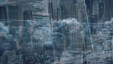 animation of data processing over cityscape background