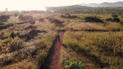 lonely traveller in malawi, africa wilderness, aerial approaching view