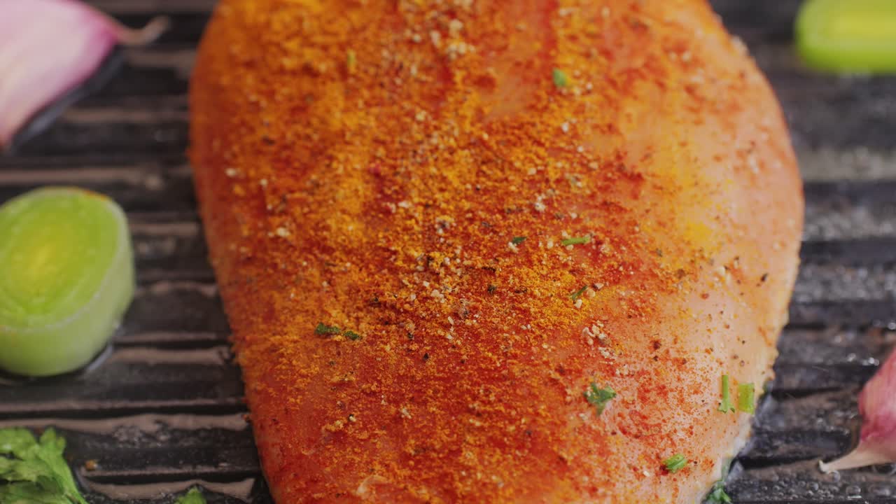 Cooking raw chicken meat in yellow turmeric spice with garlic and greens on grill close-up. Preparing raw food for cooking. Grilled chicken, duck, turkey kebab with vegetables.