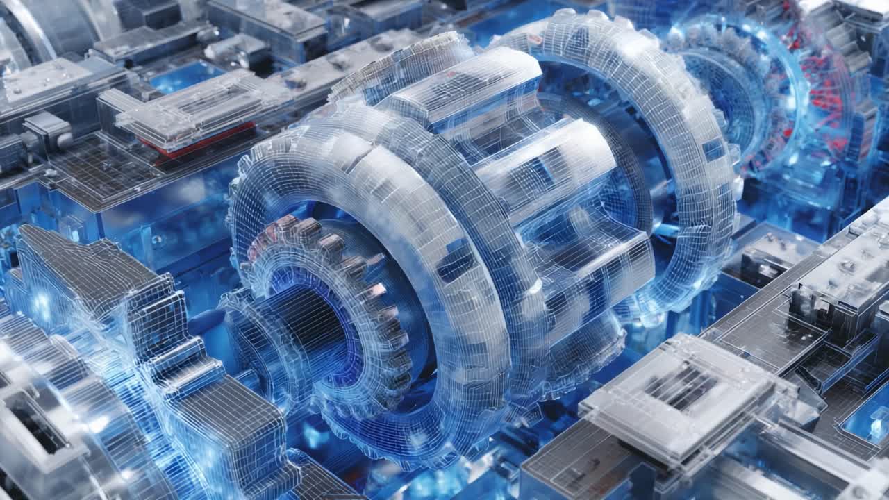 Futuristic Energy Generator: A High-Tech Showcase of Transparent Components and Advanced Mechanical Engineering in a High-Definition 3D Environment