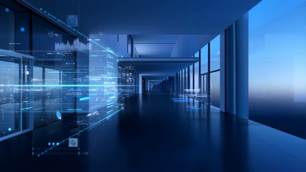 Futuristic Digital Data Visualization in Modern Office Corridor