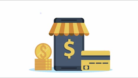 animación de comercio electrónico con dinero en teléfono inteligente