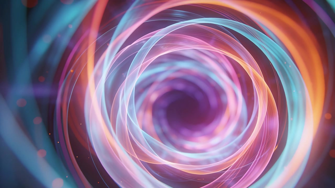 Starting neon spiral tunnel pulling viewer forward in void, adding depth, showing ribbons core dots