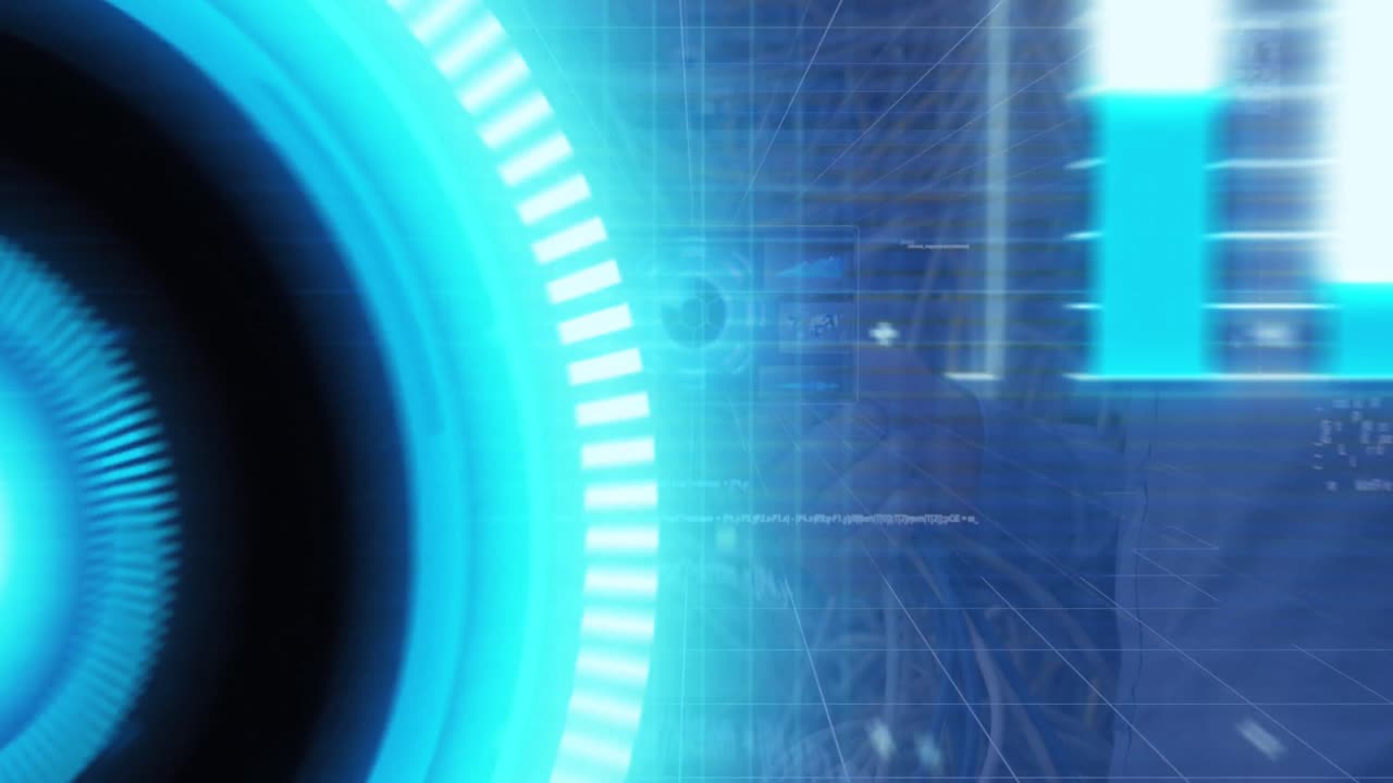 Animation of data processing on digital screen over hands of caucasian man holding wires