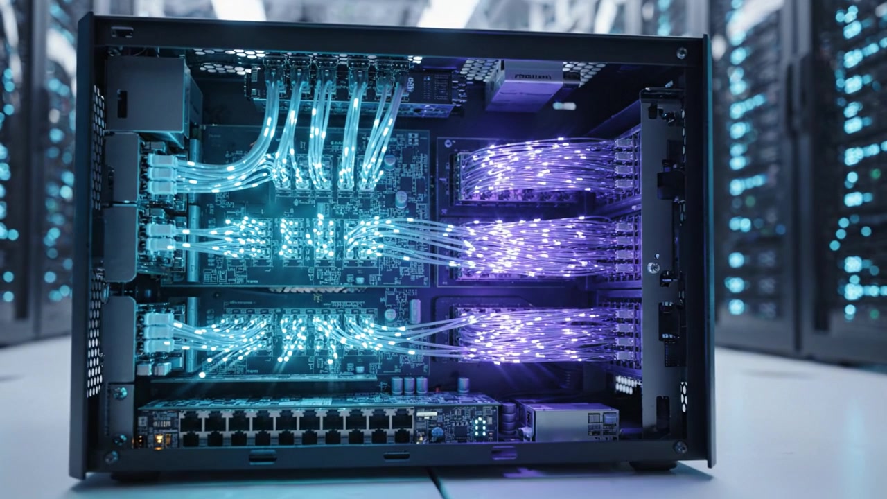 Advanced Data Center Hardware Featuring High-Speed Connectivity and Organized Cable Management Showcasing Cutting-Edge Infrastructure for Modern Computing Needs