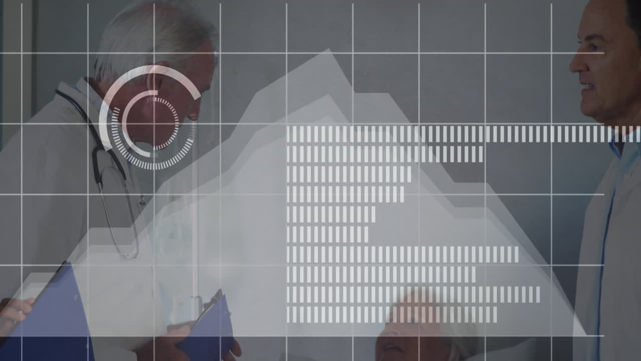 animación de círculos, niveles de audio sobre diversos médicos examinando y discutiendo informes de pacientes