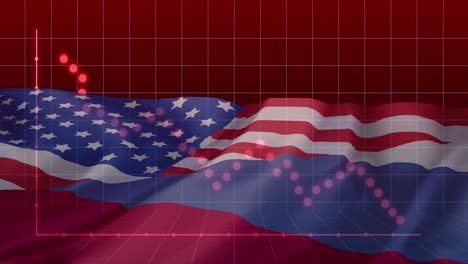 animation of financial data processing over flags of russia and usa