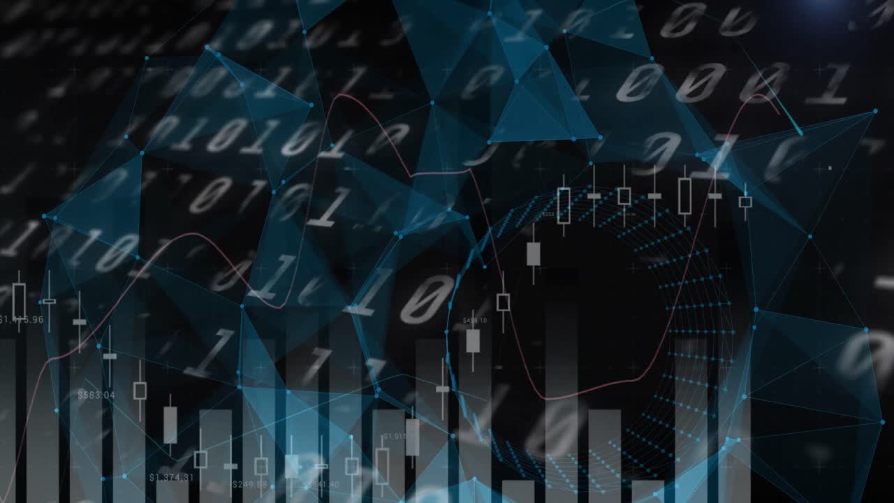Animation of data processing and diagrams on black background