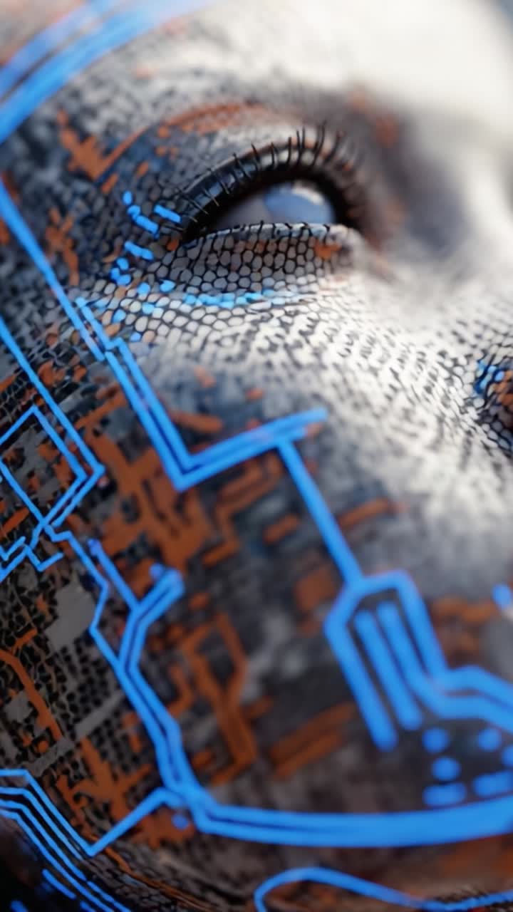 Un volto futuristico ornato da intricati motivi di circuiti, che fonde l'emozione umana con l'innovazione tecnologica, riflettendo una miscela di arte e design avanzato nella robotica moderna.
