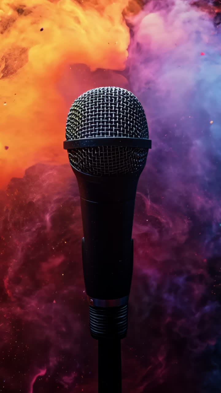A microphone is in front of a colorful explosion. The microphone is black and silver. The explosion is colorful and has a lot of debris