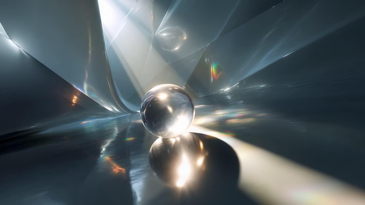 A mesmerizing scene showcasing a reflective glass sphere resting in a beautifully illuminated environment, where light refracts and creates captivating rainbow hues across shiny metallic surfaces