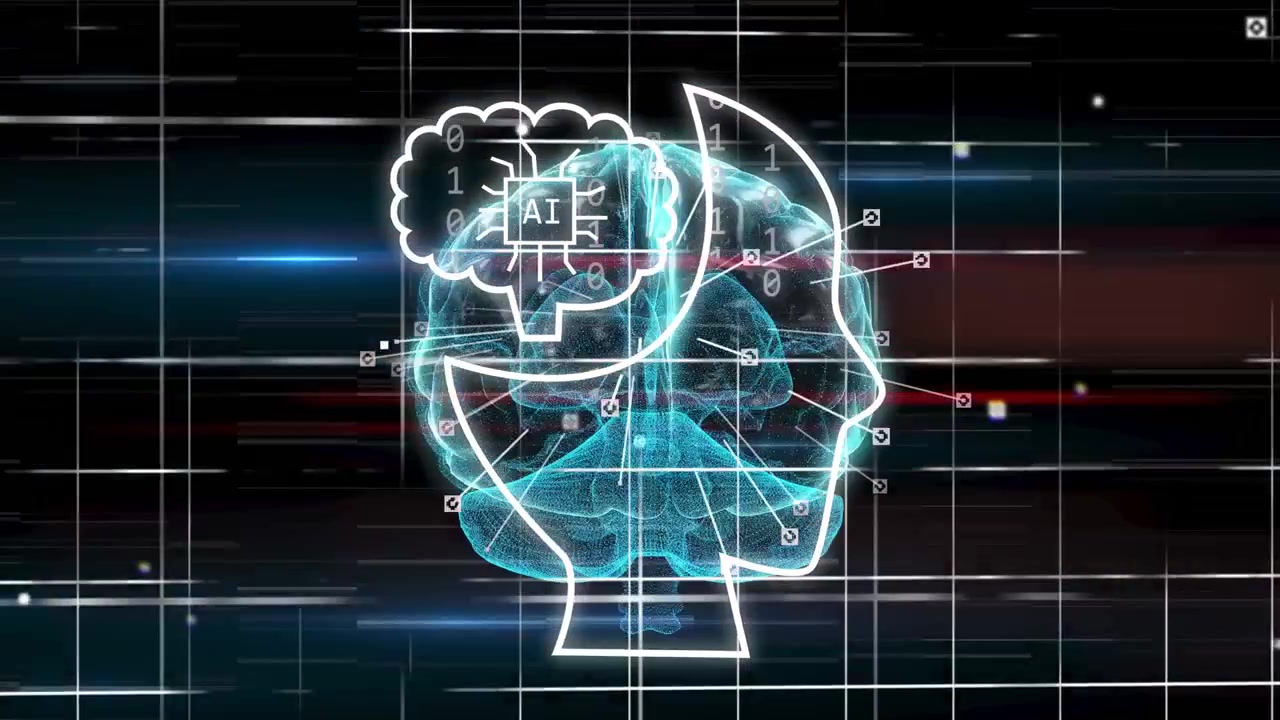 Holographic brain appearing, dual outline tracing head, data flowing, showing AI system