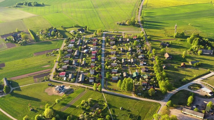Aerial view of residential neighborhood in sunny summer day