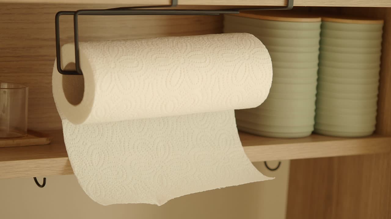 Paper Towels Hanging on a Wooden Shelf with Storage Containers
