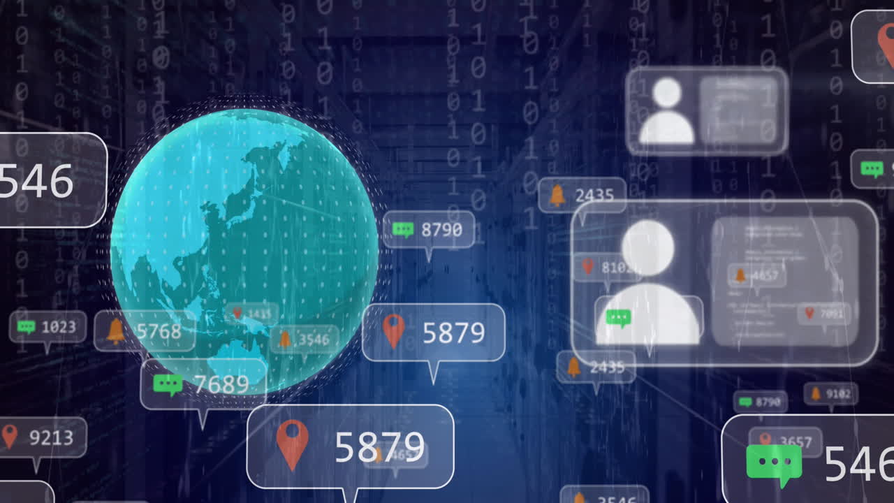 animación del globo, codificación binaria y procesamiento de datos a través de servidores informáticos
