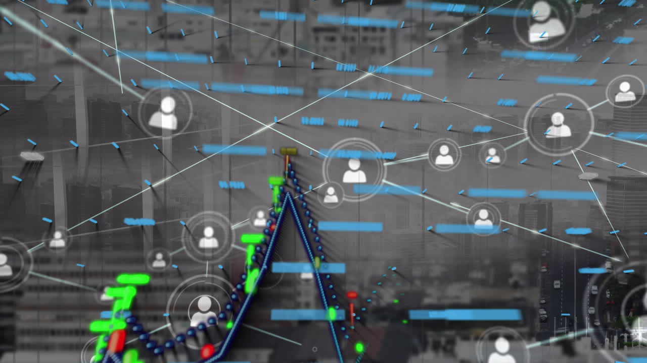 Animation of network of connections with icons and data processing over cityscape