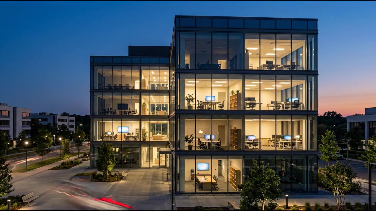 Modern glass office building with illuminated rooms during evening blue hour