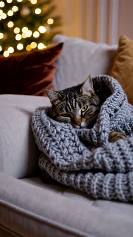 cozy cat by christmas tree