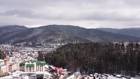 Imágenes-Aéreas-De-Pueblo-De-Montaña-Y-Pinos-En-Invierno