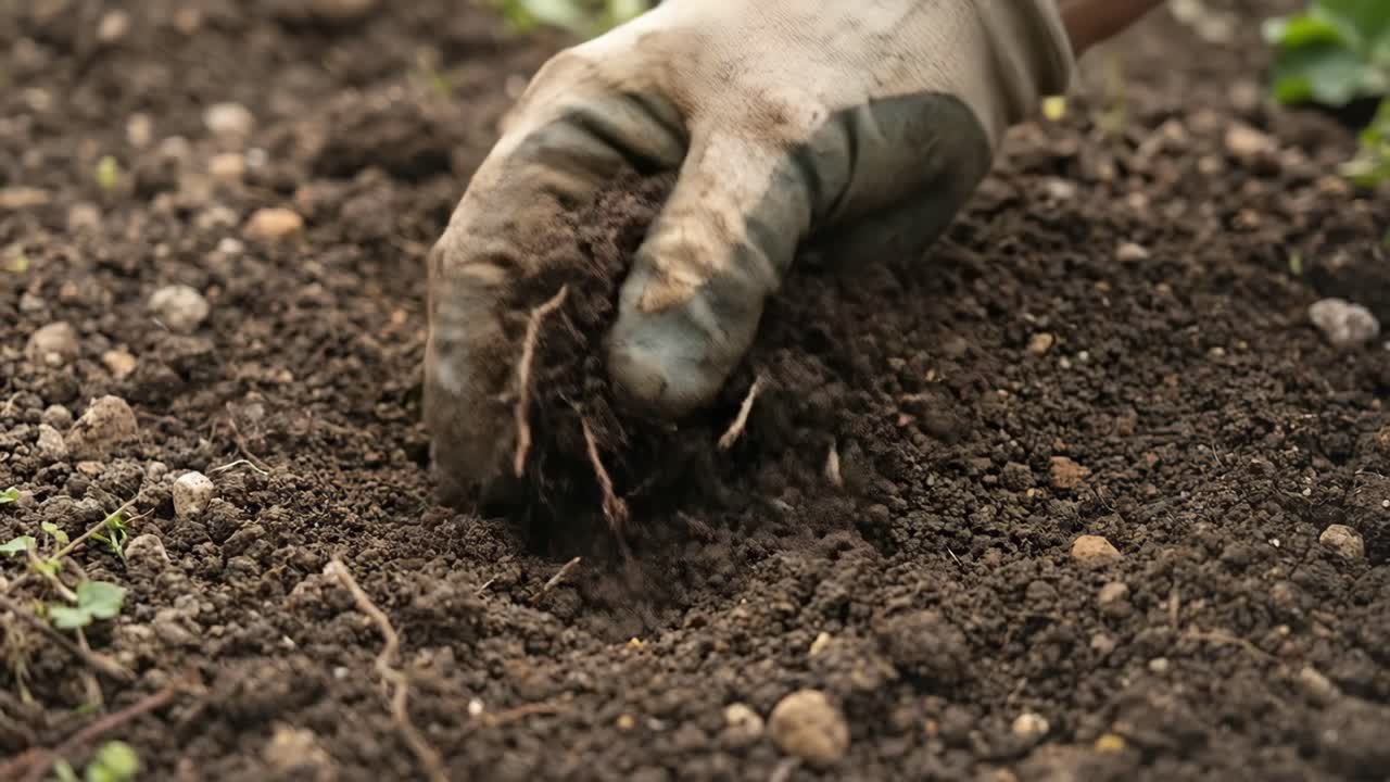 Mano con guanto che scava e setaccia terreno fertile in un giardino