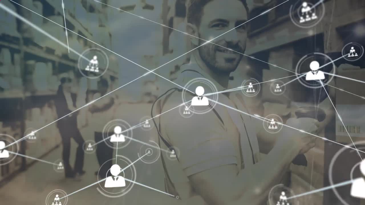 animación de patrón abstracto rojo, iconos de perfil conectados, inventario de escaneo de trabajadores caucásicos.