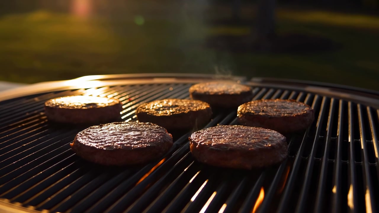 Sunset Grill With Sizzling Burger Patties, Closeup Charcoal Grate Heat With Gentle Smoke Rising And Golden Rim